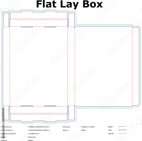 Flat lay box packaging diecut template technical drawing with bleed trim and crease lines