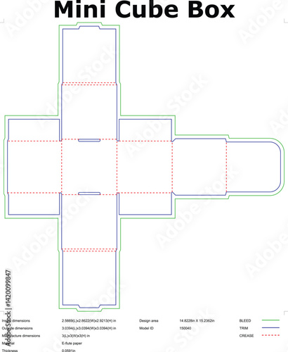 Mini cube box packaging template diecut design for manufacturing with dimensions