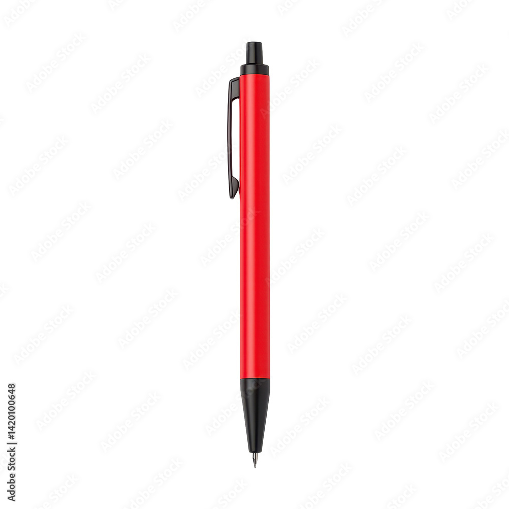 Red ballpoint pen with black tip and clip on transparent background for writing business and office use stationery tool durable and reliable everyday accessory. Red ballpoint pen with black tip and clip on transparent background for writing business and office use stationery tool durable and reliable everyday accessory.