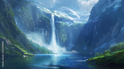 A scenic view of a waterfall cascading into a lake surrounded by lush green mountains and flying birds .