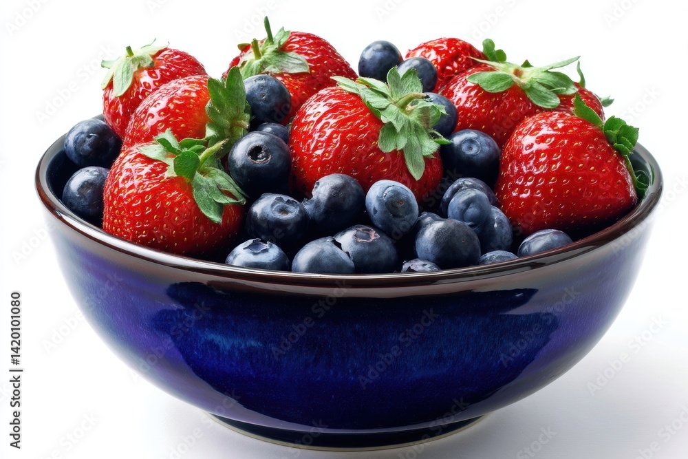 Vibrant bowl of fresh strawberries and blueberries on a white background with rich colors and textures Vibrant bowl of fresh strawberries and blueberries on a white background with rich colors and textures