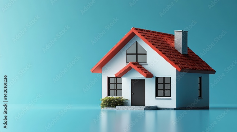 Modern House Model with Red Roof and Turquoise Background Modern House Model with Red Roof and Turquoise Background