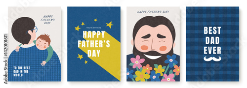 Set of Father's Day cards in simple flat style. Cute illustrations of dad and child, checkered pattern and lettering. Perfect for greeting cards, banners and social media.