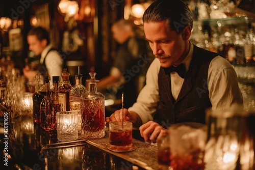 Elegant 1920s bartender stirs cocktail with precision in warmly lit speakeasy