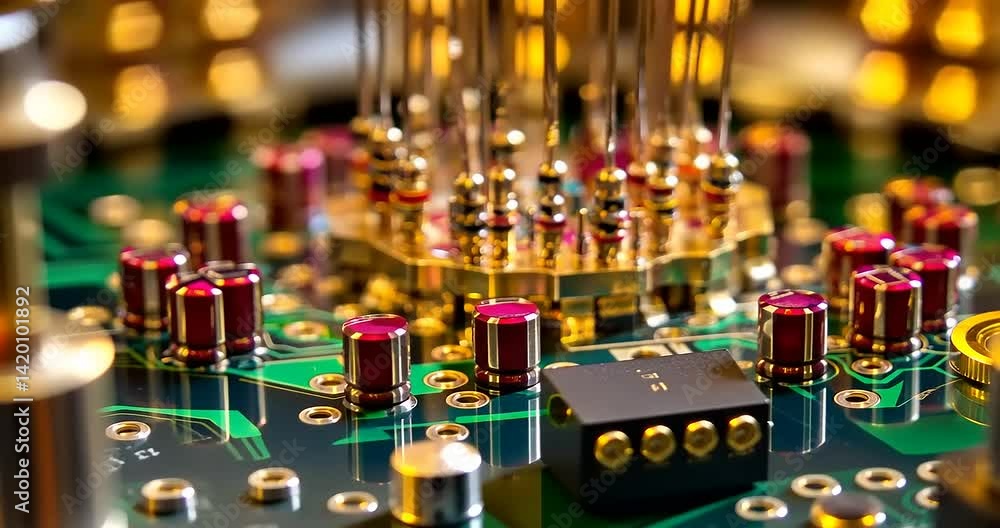 Close-up of a complex circuit board with gold and red components in a lab setting Close-up of a complex circuit board with gold and red components in a lab setting