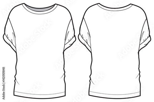Women's Short sleeve Crew neck T Shirt flat sketch fashion illustration drawing template mock up with front and back view. Drop shoulder oversize t-shirt cad drawing