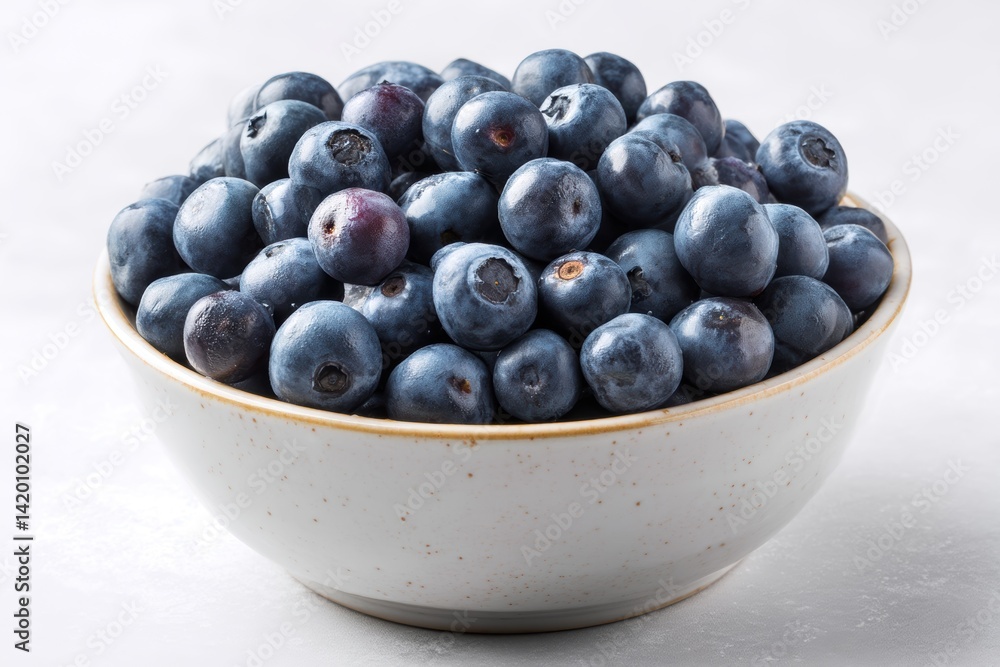 Fresh blueberries arranged in a ceramic bowl on a clean white table with soft shadows highlighting their texture Fresh blueberries arranged in a ceramic bowl on a clean white table with soft shadows highlighting their texture