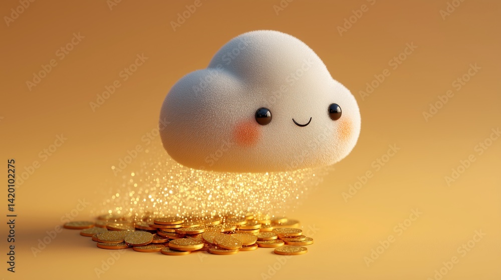 Soft cloud with a smiling face hovering above gold coins, creating a magical atmosphere in a whimsical scene Soft cloud with a smiling face hovering above gold coins, creating a magical atmosphere in a whimsical scene