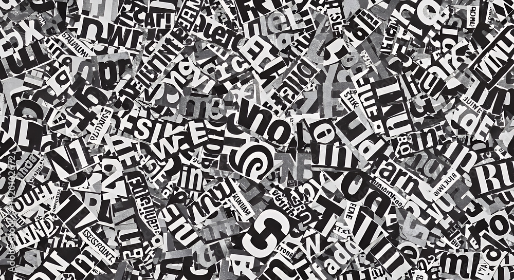 Abstract Black and White Textured Background of Randomly Arranged Newspaper Cutouts Abstract Black and White Textured Background of Randomly Arranged Newspaper Cutouts
