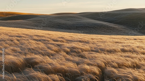 Golden grass sways across rolling hills at sunset.