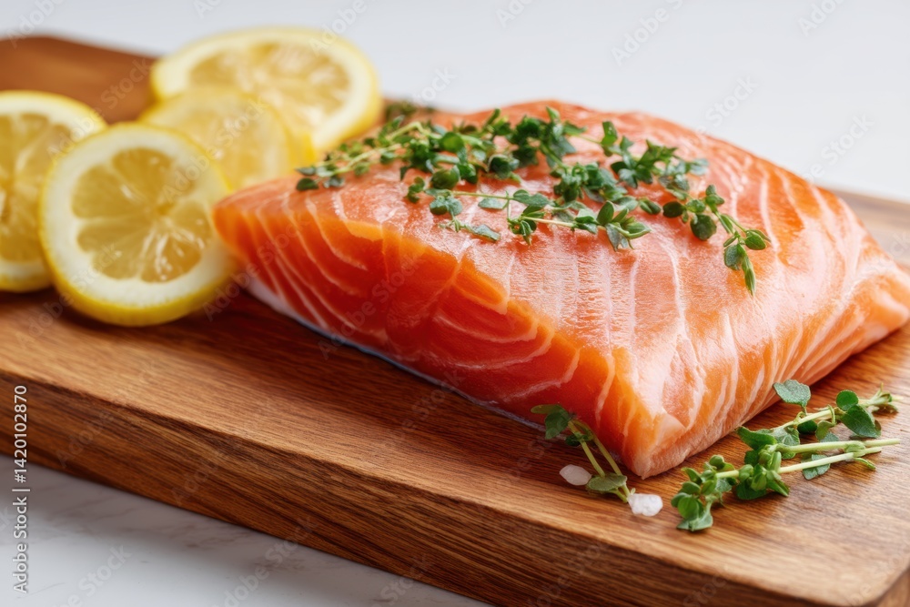 Fresh salmon fillet on a wooden cutting board with lemon slices and herbs for a culinary delight Fresh salmon fillet on a wooden cutting board with lemon slices and herbs for a culinary delight