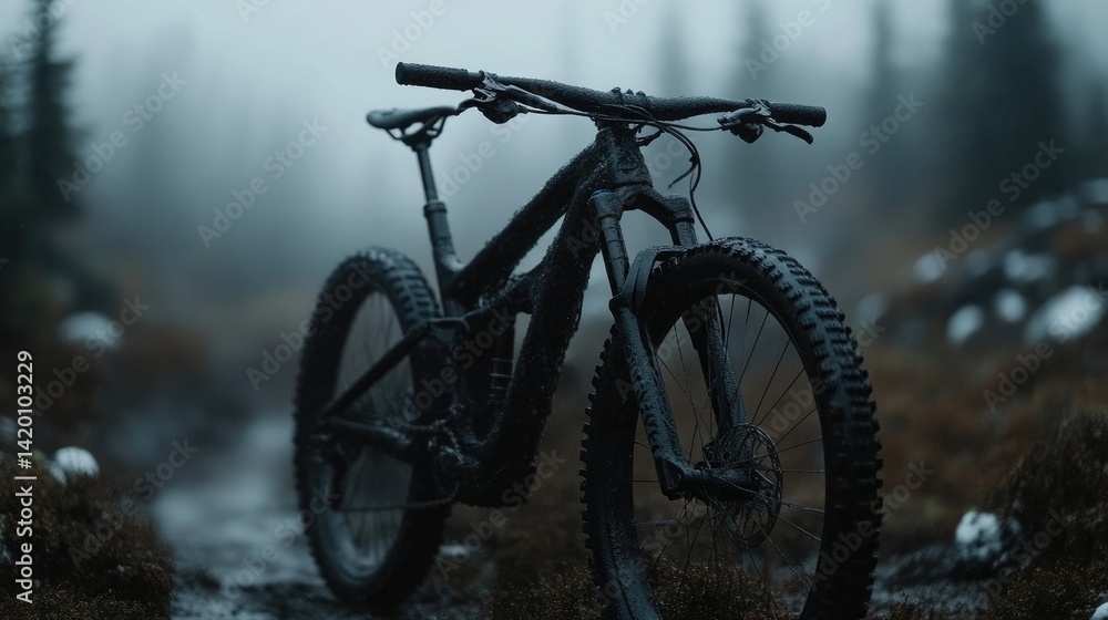 Fototapeta premium Mountain bike in a misty forest trail