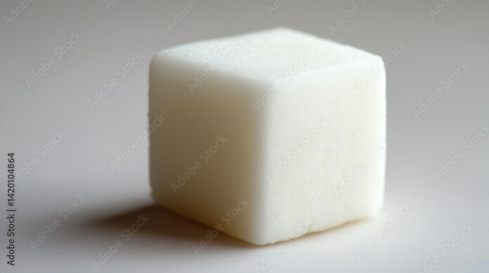 A single white cube resting on a plain white surface A single white cube resting on a plain white surface