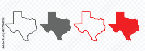 Texas state map icon. Texas map, South Central region of USA country map symbol. Texas map icon collection.  American state map Texas map icon template flat set isolated on transparent background