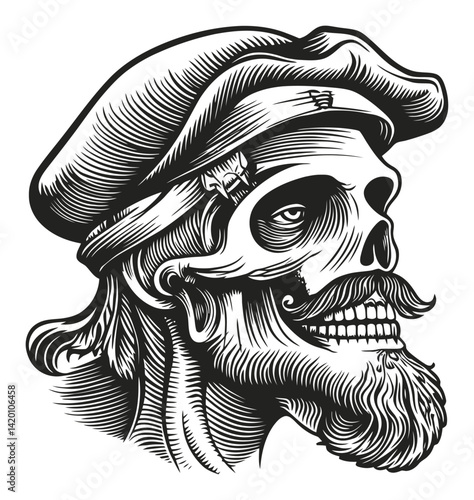 Intricate Engraving of a Skull with a Pirate Style Hat and Beard