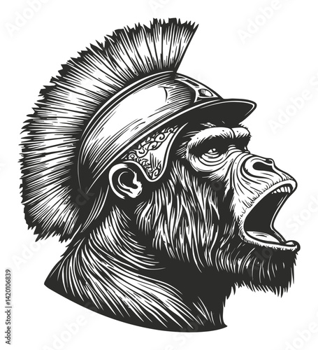 Detailed Woodcut of a Gorilla in Roman Gladiator Helmet Style