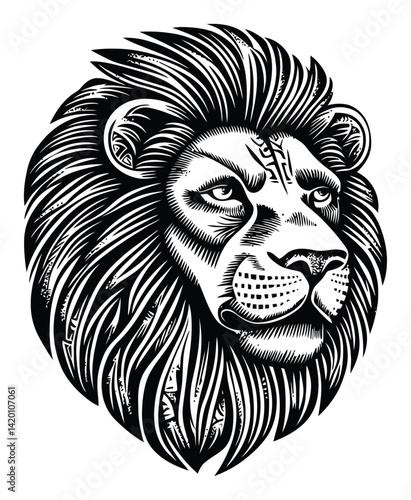 Detailed Black and White Lion Illustration in Woodcut Style