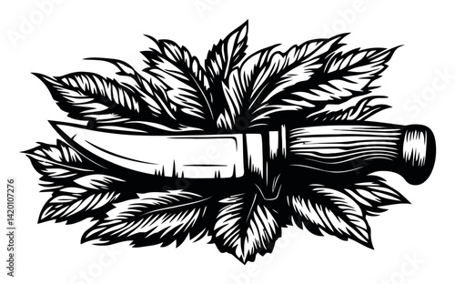 Intricate Woodcut Style Knife Among Lush Leaves Illustration