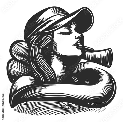 Vintage Woodcut Style Illustration of Woman with Pipe and Hat