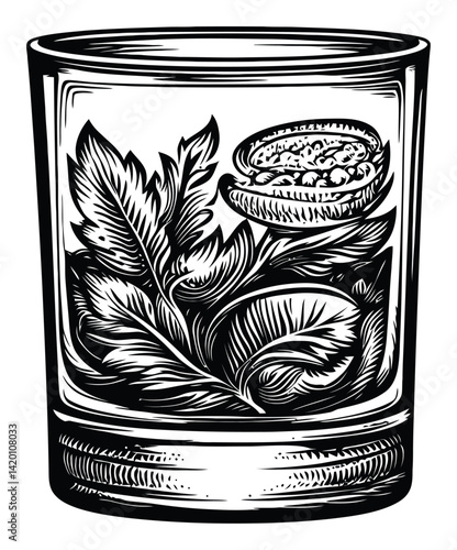Detailed Woodcut Engraving of a Leafy Glass with Herbs and Botanical Design