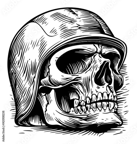 Skull with Helmet Woodcut Artwork for Dark Aesthetic Themes