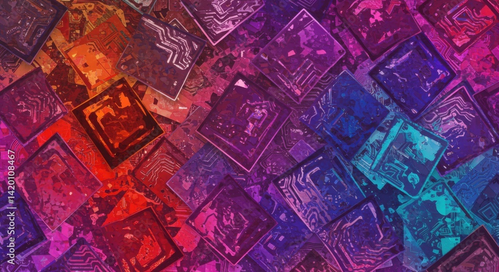 Obraz premium Abstract Square Art with Circuit Pattern and Colorful Gradient