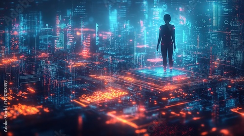 Wallpaper Mural This silhouette against a holographic backdrop symbolizes human-digital symbiosis. Used in tech ads or cyberpunk media Torontodigital.ca