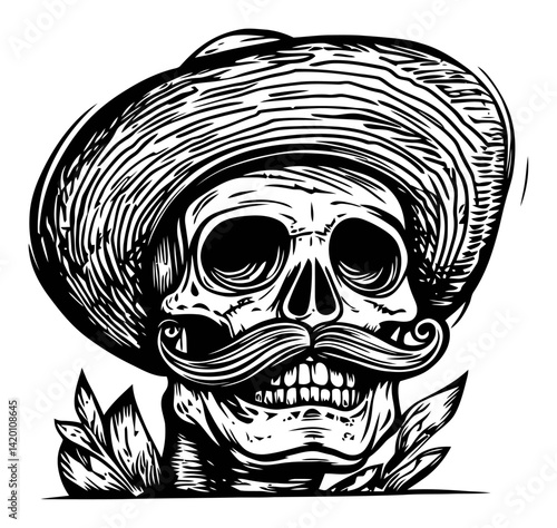 Hand-Drawn Vintage Skull with Cowboy Hat and Mustache Illustration