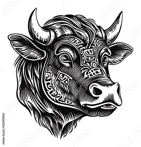 Detailed Woodcut Style Bull Head Engraving with Intricate Patterns