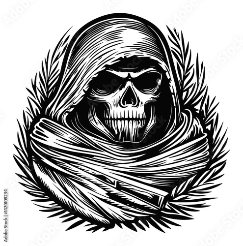 Intricate Woodcut Style Skull with Cloak and Laurel Leaves Design