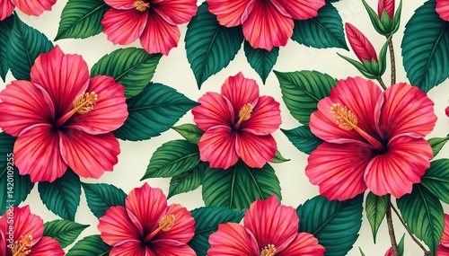 Wallpaper Mural Bold hibiscus print, stylized leaves, seamless repeat ,  colorful,  print Torontodigital.ca