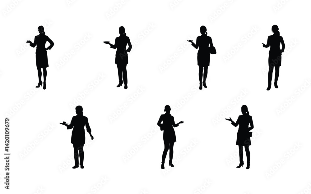 Fototapeta premium Silhouette Waitress Poses Set - Professional Female Server Illustration