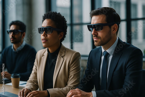 Corporate Team Using Augmented Reality Smart Glasses
