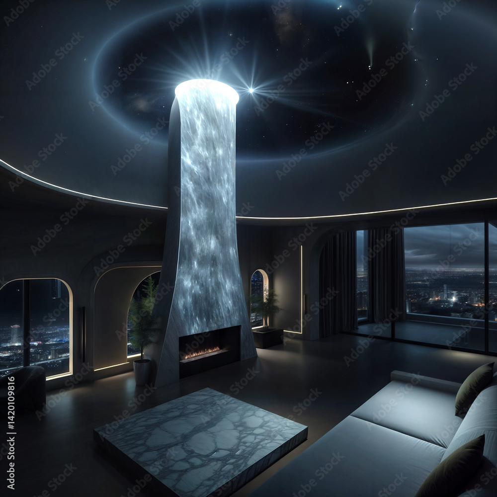 Sophisticated living room with a ceiling vortex of stars above a central column fireplace. A blend of celestial wonder and modern luxury interior design