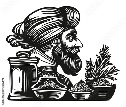 Vintage Woodcut of a Bearded Man with Spices and Herbs Display