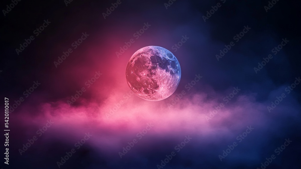 Obraz premium In the dark sky, a dreamy moon glowed softly, surrounded by clouds that displayed a kaleidoscope of pink, blue, purple, and yellow colors