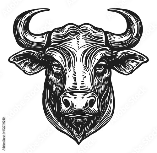 Intricate Black and White Bull Head Illustration in Woodcut Style