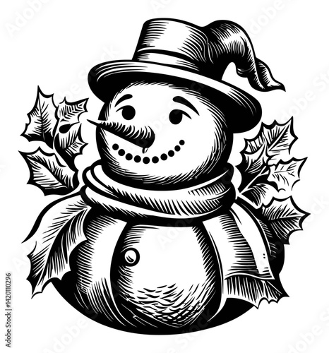 Charming Vintage Woodcut Snowman with Holly and Scarf Design