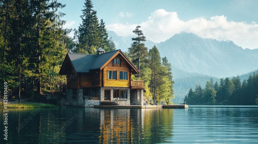 Fototapeta premium Rustic wooden chalet nestled by a serene lake, surrounded by mountains.