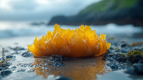 Close-up of Fucus spiralis, a spiral wrack seaweed species growing naturally along a beach