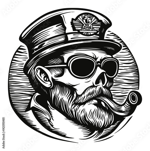 Vintage Skull Captain Illustration with Pipe and Sunglasses Design