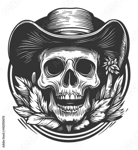Detailed Skull Illustration with Cowboy Hat and Floral Elements