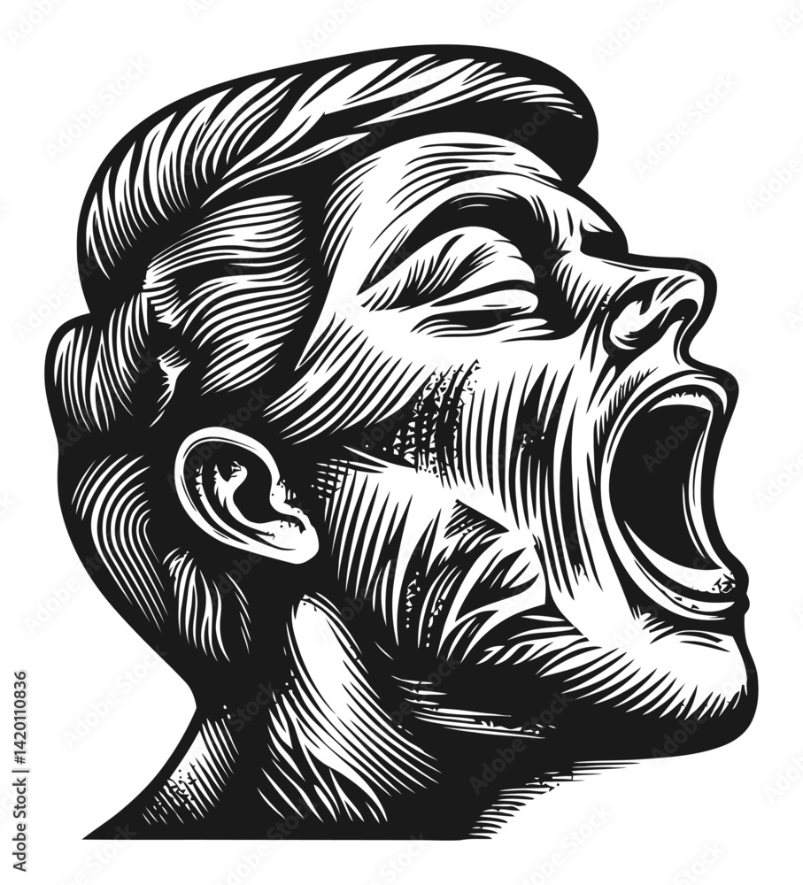 Expressive Woodcut Style Engraving of Yelling Male Portrait Expressive Woodcut Style Engraving of Yelling Male Portrait