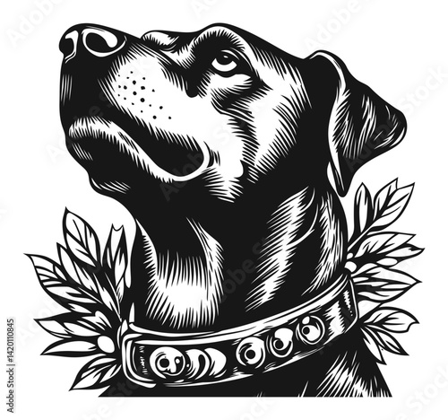 Black Dog Engraving with Floral Elements in Traditional Style