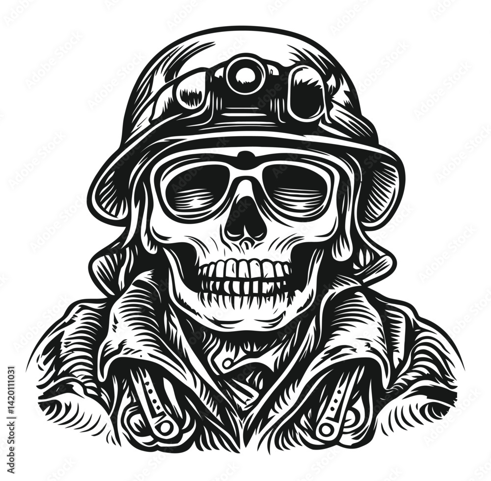 Fototapeta premium Vintage Military Skull With Helmet and Sunglasses Woodcut Style