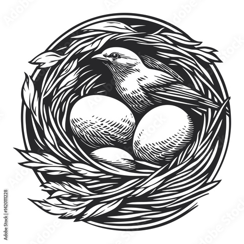 Detailed Black and White Illustration of Bird Nest with Eggs