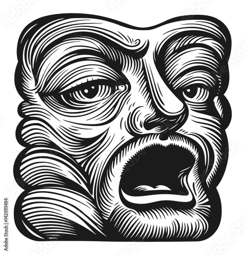 Intricate Face Woodcut Illustration with Dramatic Expressions