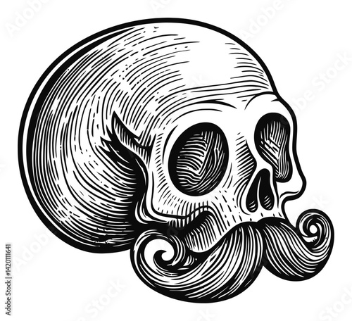 Intricate Engraving of a Skull with Mustache in Vintage Style