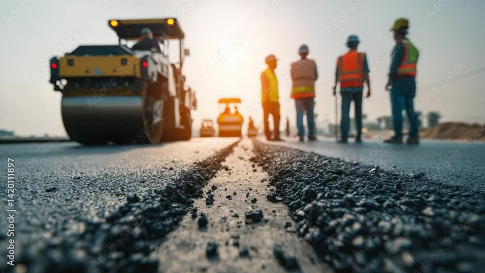 Road Construction in Action: A high-angle shot reveals the intense activity of road construction. A massive asphalt compactor rolls forward, while a team of dedicated workers oversees the process.