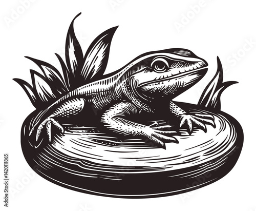 Detailed Woodcut Engraving of a Lizard Resting on a Rock